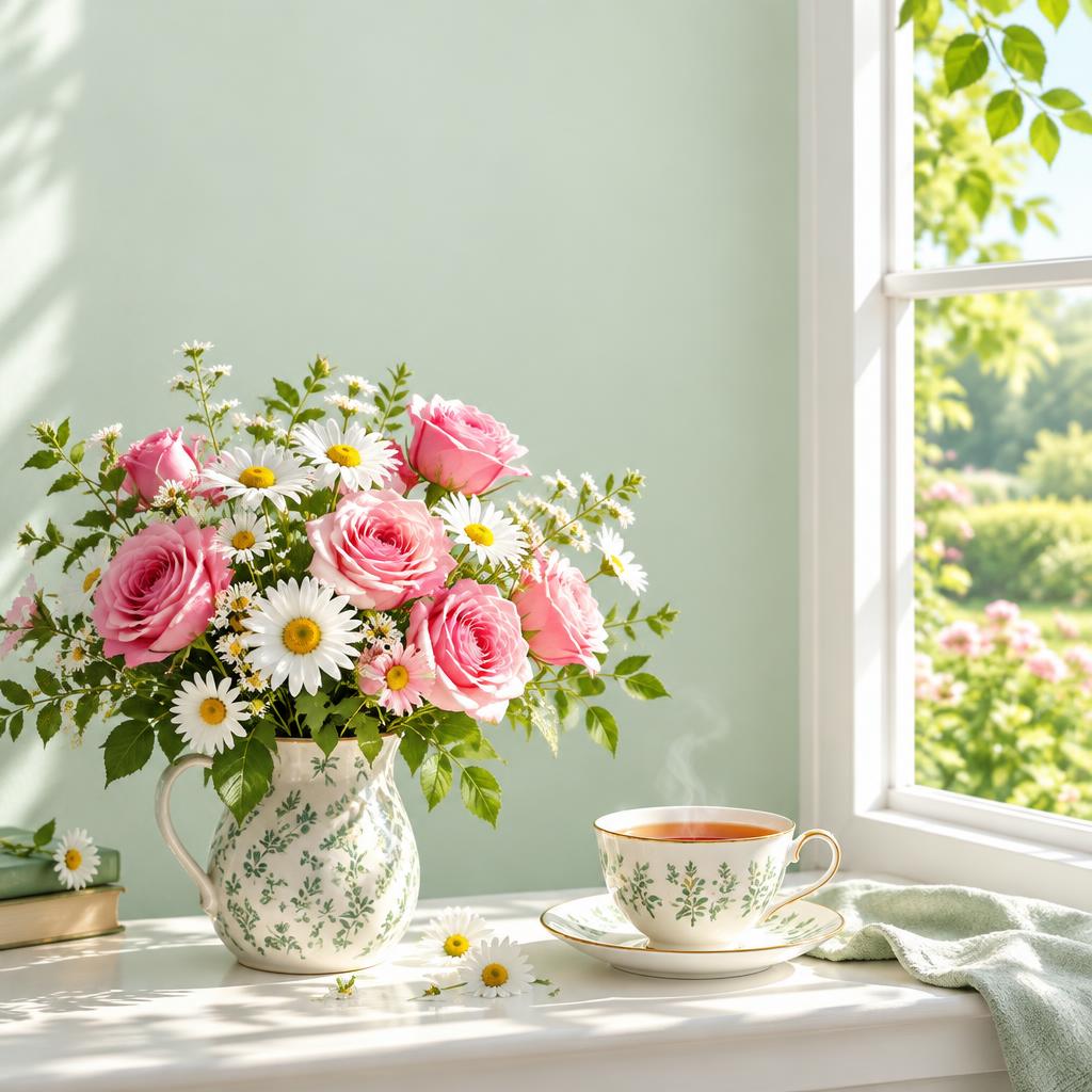 Flowers and tea good morning image