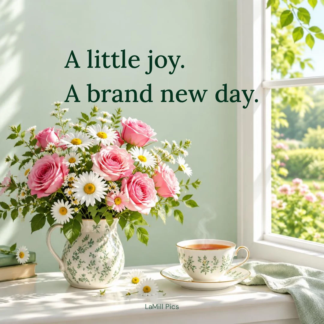 Flowers and tea good morning image: “A little joy. A brand new day.”