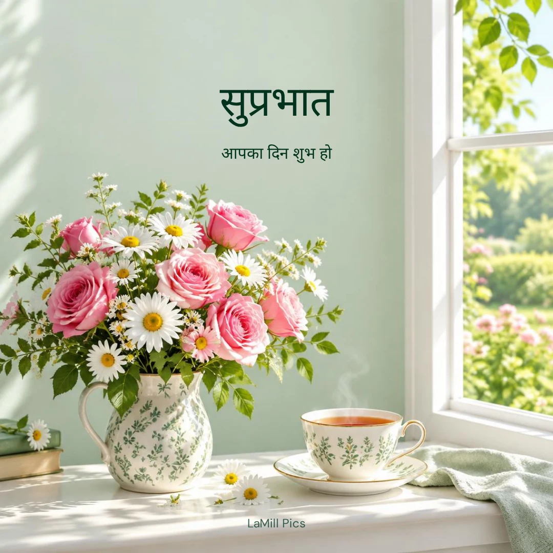 Hindi morning wish with flowers: “सुप्रभात — आपका दिन शुभ हो”